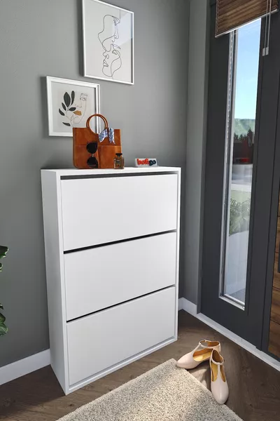 Drop-Front Shoe Cabinet with Sliding Shelf, 3-Compartment Shoe Cabinet, White