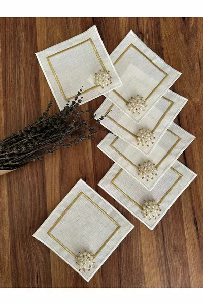 6 Serviettes de cocktail carrées avec broderie dorée et écrue perlé