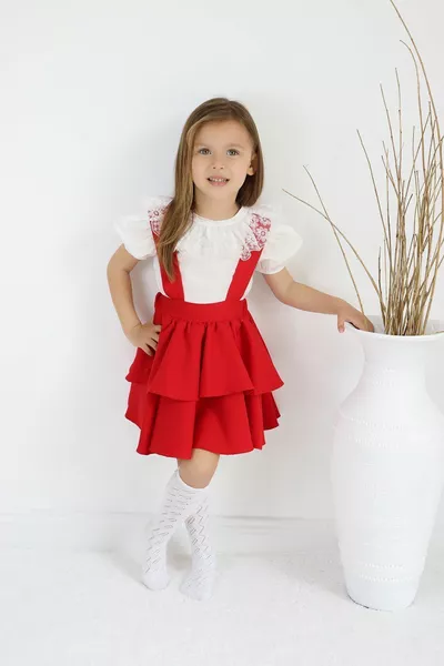 الفتيات هيلين الأحمر حزام ملزمة جيليت  أكتوبر اللباس Ecru الدانتيل قصيرة الأكمام بلوزة مساء اللباس مجموعة