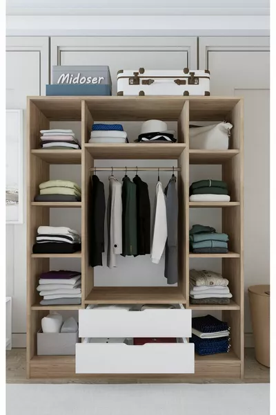 خزانة ملابس نيسان بلون الجوز الفاتح-الأبيض بسعة 4 أبواب ودرجين
