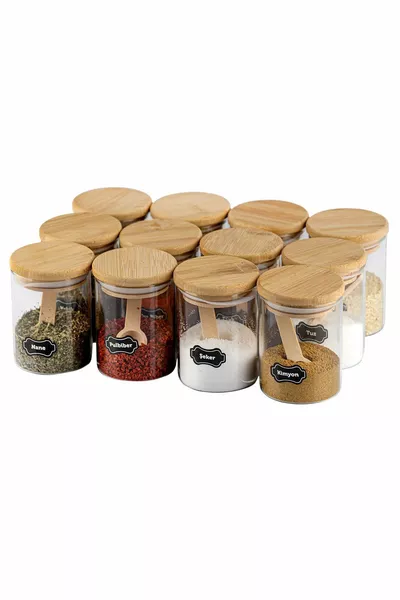 Specerijen set met lepels en bamboedeksel, inclusief cadeauetiket