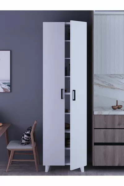 خزانة متعددة الاستخدامات بيضاء بثماني رفوف وببابين، خزانة مؤن، خزانة حمام، خزانة مستودع