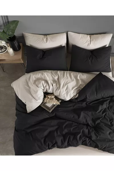 Dekbedovertrekset voor tweepersoonsbed met elastisch hoeslaken | Zwart Beige |