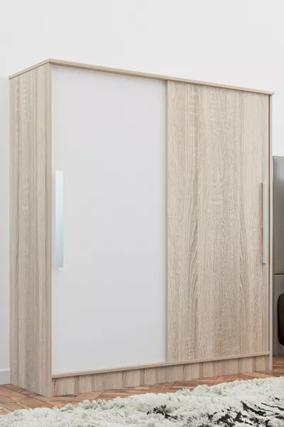 Armadio scorrevole Zambak con molti ripiani, cassetti e appendiabiti, ante in sonoma/bianco