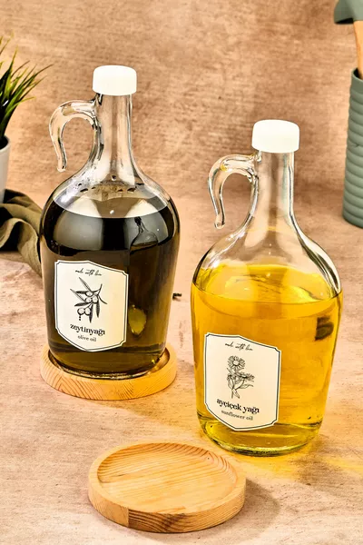 Set de 2 bouteilles d'huile en bois avec support pour huile d'olive et huile de tournesol - Carafe à huile