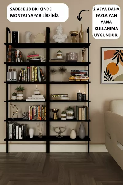 Dekoratif Tasarım 6 Katlı Siyah Duvara Monte Kitaplık, Ev Rafı , Siyah 