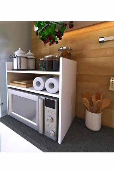 White Countertop Shelf Oven, Microwave Organizer Rack - Multi-Purpose Decorative MDF Shelf