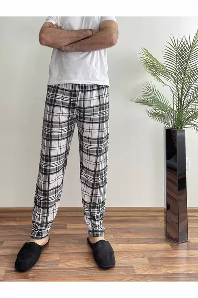 Herren Schlafanzughose ohne Taschen mit elastischem Bund, Jogginghose, Weiß-Schwarz kariert