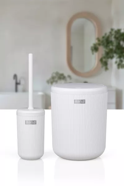 Linea Счупено бяло с райета Кръгла 2-частова комплект за тоалетна с кофа и четка