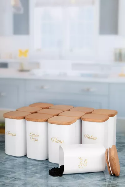 'li  ml Vakumlu Bambu Ahşap Kapaklı Porselen Görünümlü Akrilik Baharatlık Etiket Hediyeli