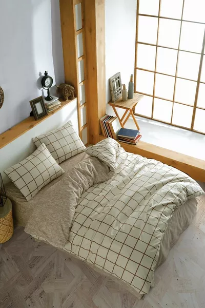 Ranforce Двоен Спален Комплект с Ластик с Кремообразни Квадрати