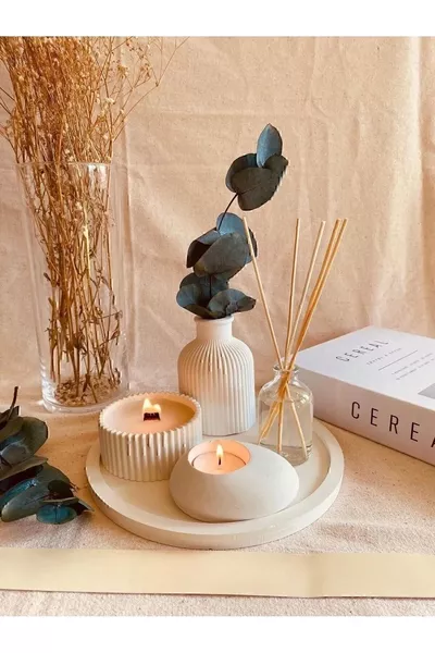 Set da 5 su vassoio decorativo: vaso a righe, candela alla vaniglia con stoppino in legno, portacandela tealight, profumo per ambiente