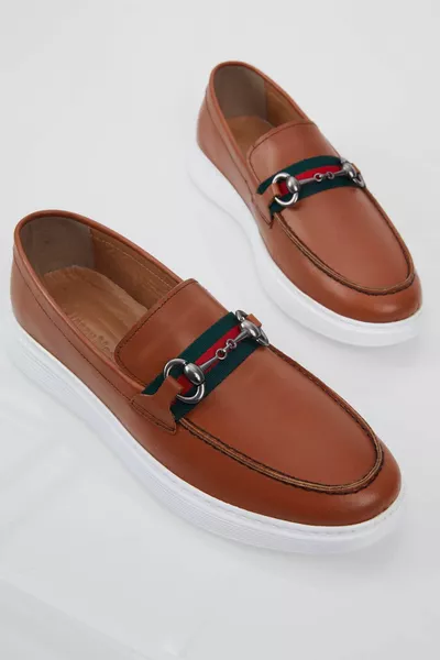 Tan voor heren Gesp aan de voorkant Gedetailleerde casual pasvorm Echt lederen loafer