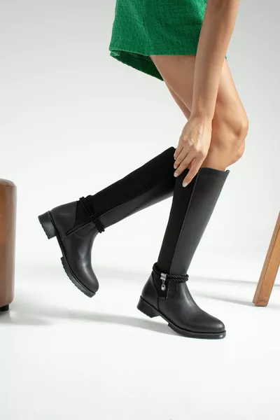 Women's Black Leather Rope Detailed Long Boots
