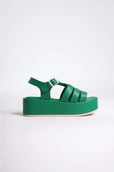 المرأة حزام الكاحل الجلود سميكة وحيد عارضة الصنادل الأخضر