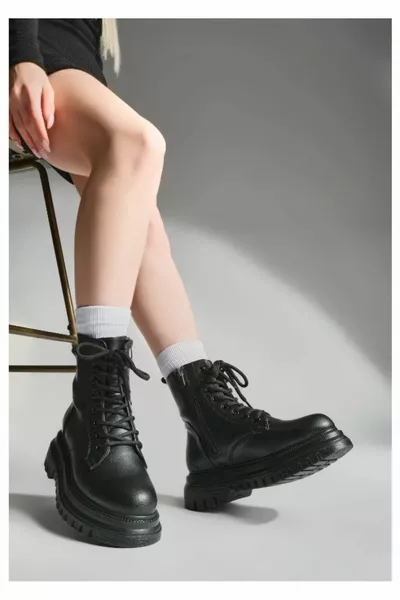 Dark Walker Women's Postal zwarte veterlaarzen met dikke zool en rits voor dames