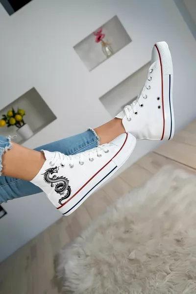 المرأة الأبيض المعصم التنين المطبوعة الياقة المدورة كونفيرس نموذج أحذية رياضية الكتان