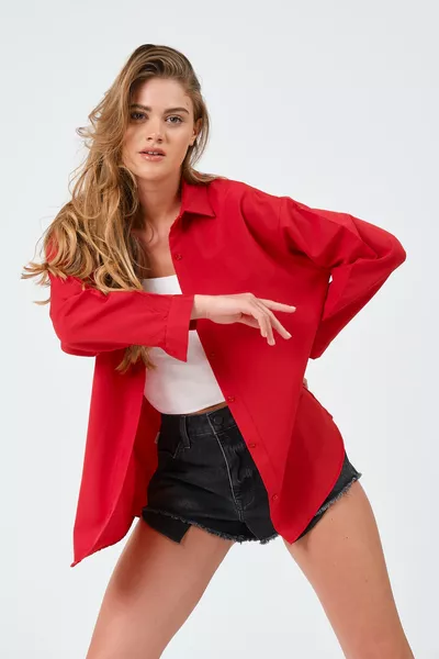 Дамска червена удължена риза в свободен стил