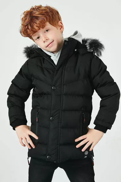 معطف للأطفال الأولاد بغطاء رأس قابل للإزالة مبطن بالفرو الصناعي والقطيفة 