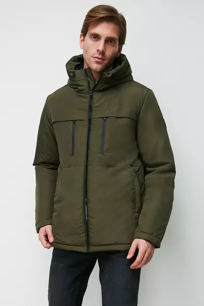 معطف شتوي رجالي بغطاء رأس مقاوم للماء والرياح من ألياف الكاكي