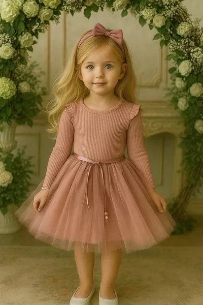 فستان طويل للفتيات الصغيرات، من القطن التل بلون وردي باهت، بأكمام طويلة، مناسب للمناسبات الخاصة وأعياد الميلاد، هدية يومية، فستان أميرة