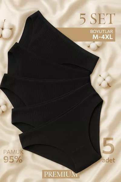 Damen Baumwolle Ripp Slip Unterhöschen 5er Set Schwarz Normale Bund