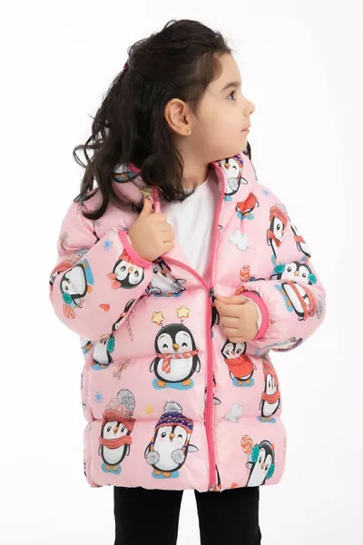 معطف مبطن شتوي للأطفال البنات بقبعة، مبطن من الداخل بالصوف، بنقش البطريق وحلوى، سترة مبطنة وباركا