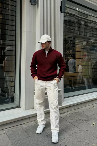 كنزة رجالية صوفية سميكة بياقة عالية وسحّاب نصفي