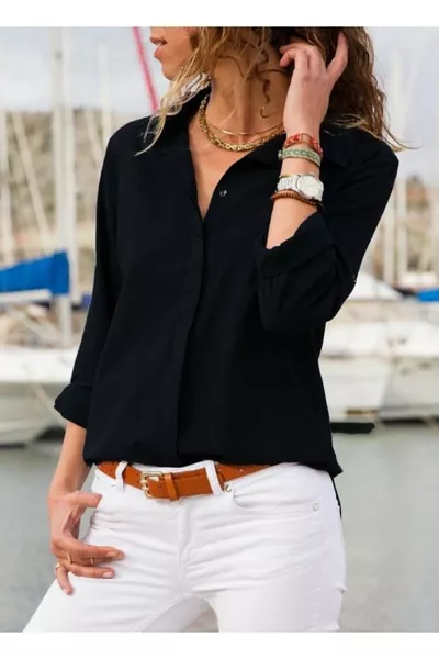 Dames Zwarte, Geweven Viscose Basisoverhemd