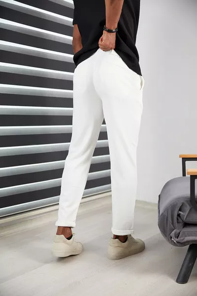 بنطال جوجر رجالي أبيض ضيق، أطراف مزدوجة، جودة عالية، قماش منقوش مع ليكرا