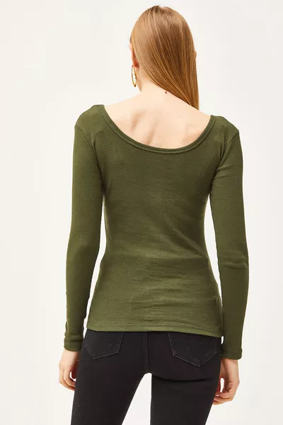 Dames Khaki Blouse met Brede Kraag 