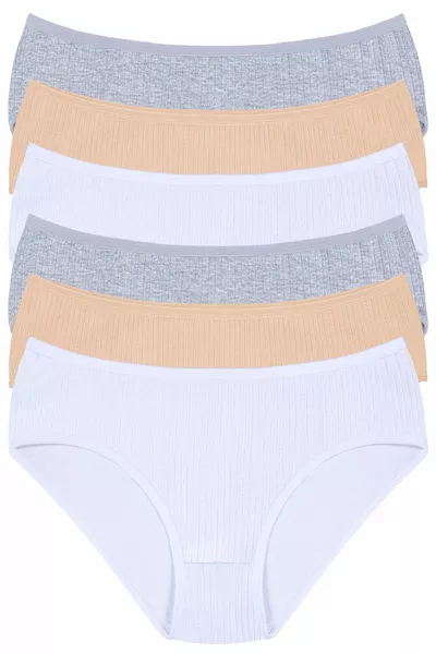 % Baumwolle, Hohe Taille, Gerippte 6er-Pack Damenhöschen: 2 Weiß, 2 Grau, 2 Hautfarbe