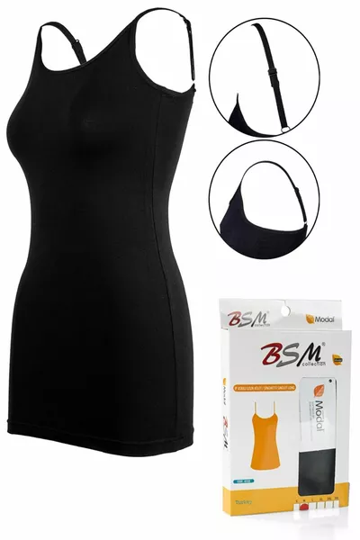 قميص نسائي طويل بحمالات من القطن والموودال باللون الأسود