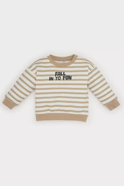 Erkek Bebek Bisiklet Yaka Baskılı İçi Yumuşak Tüylü Çizgili Sweatshirt WN