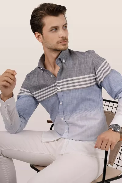 Checkered Gray Blue Striped Linen Slim Fit Men's Shirt
