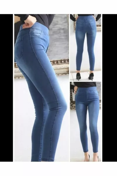 Women's Washed Blue High-Waist Elastic Waist Jeans