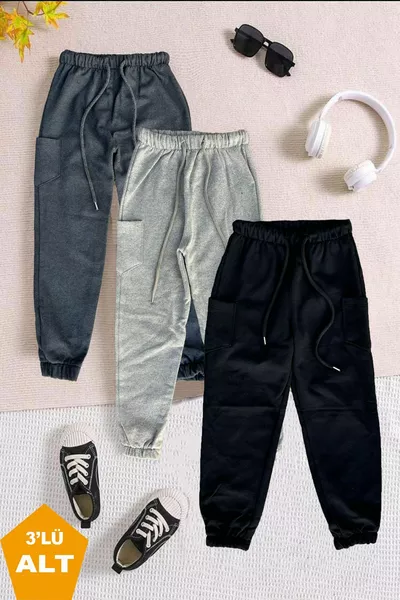 بنطلون رياضي للأطفال بخصر مطاطي وبنطلون داخلي مبطن، حزمة من 3 قطع، للجنسين، باللون الرمادي الداكن-أسود-رمادي