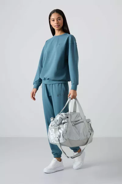 Женский спортивный костюм с круглым вырезом, оверсайз, хлопковый, с эластичными манжетами, лесной зелёный - 