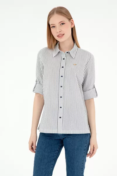 Damen Marineblaues Langarm-Hemd mit Streifen 