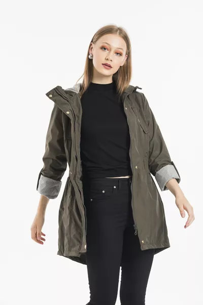 Women's Khaki Hooded Belted Foldable Sleeve Lined Trench Coat