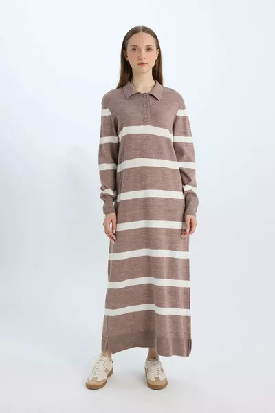 Regular Fit Polo Kraag Gestreepte Lange Mouw Maxi Trui Jurk AXNS