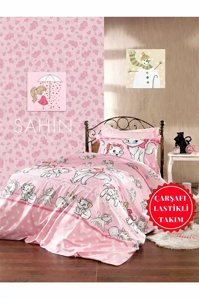 Единичен спален комплект с чаршаф с ластик за момиче с модел на котка