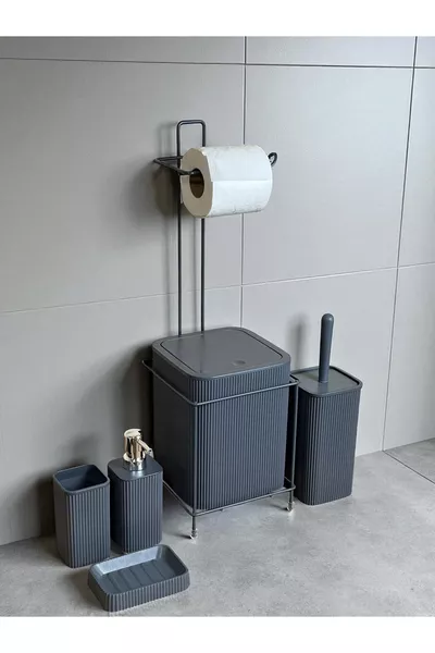 Set da bagno 6 pezzi con portarifiuti metallico, porta carta igienica e spazzola per WC, con sapone solido - liquido