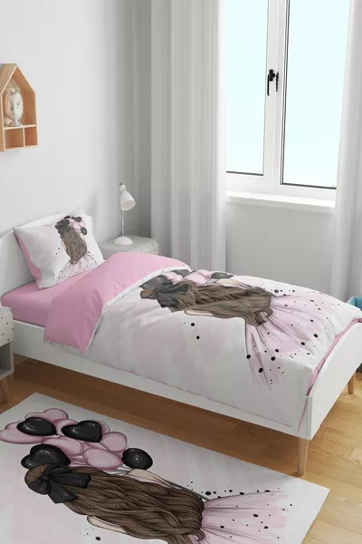 Bettwäsche-Set für Kinder und Babys mit Einhorn-Mädchen-Motiv und rosa Luftballons, Einzelbettgröße