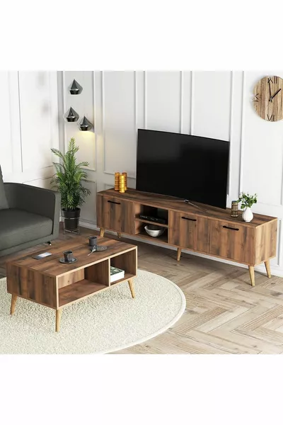 Set Exxen Cm (WOODEN LEGGED) TV Unit - Coffee Table Set, Wood Tone