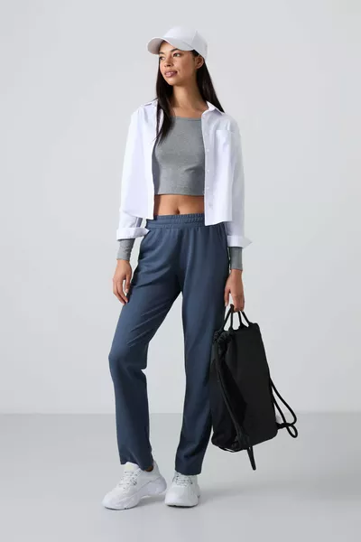 Petroleum Hoge Taille Comfortabele Vrouwelijke Joggingbroek met Zak en Klassieke Pijp - 