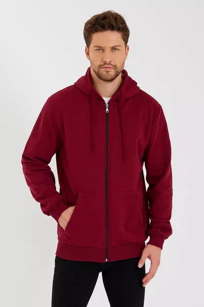 Burgundy Kangaroo Pocket Hooded Zippered Cotton-Lined Men's Sweatshirt