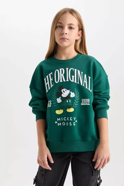 سويت شيرت للفتيات من ديزني ميكي وميني، تصميم واسع وكاجوال، بياقة دائرية، ناعم من الداخل