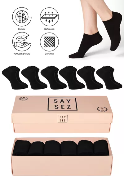 Женские носки-следки из бамбука, однотонные черные, бесшовные, премиум, в коробке, набор из 6 штук