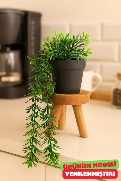 Black Pot with 4-Branch Green Basil Hanging Artificial Plant Flower Decor Coffee Corner Cm